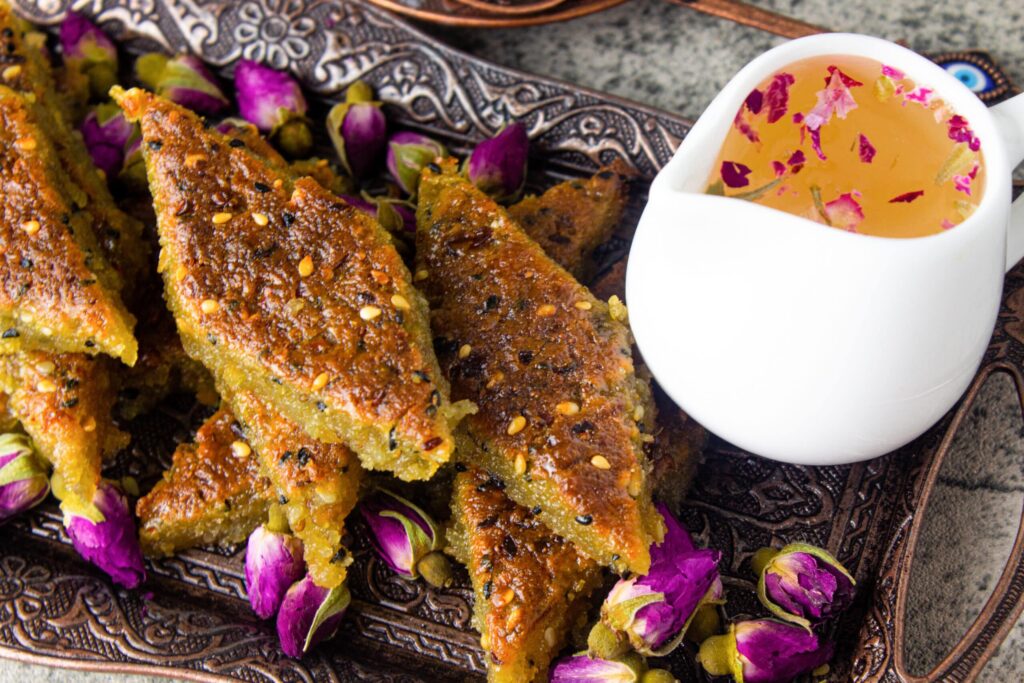 Palestinian hilbeh fenugreek cake served with simple syrup