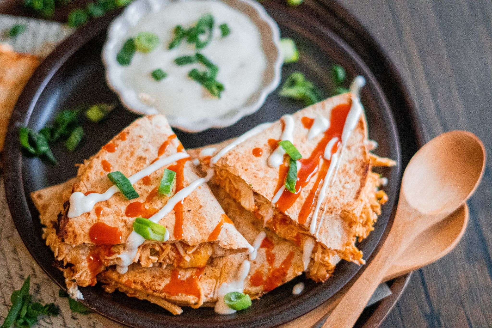Crispy and hot buffalo chicken quesadillas. Served with dipping cream.