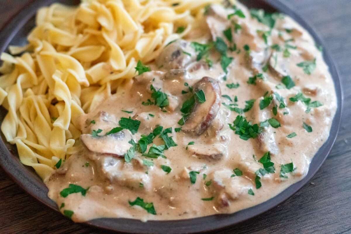 A satisfying dish of tender beef strips, perfectly-browned mushrooms and heavy cream sauce. served with glossy noodles and garnished with fresh parsley.