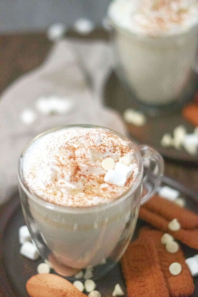 Easy homemade White Hot Chocolate with marshmallows and cinnamon