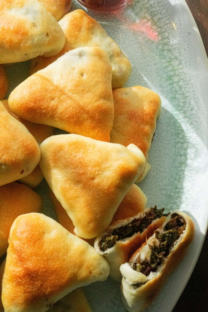 A pie made with the 10 minute dough and filled with spinach and onion mixture.