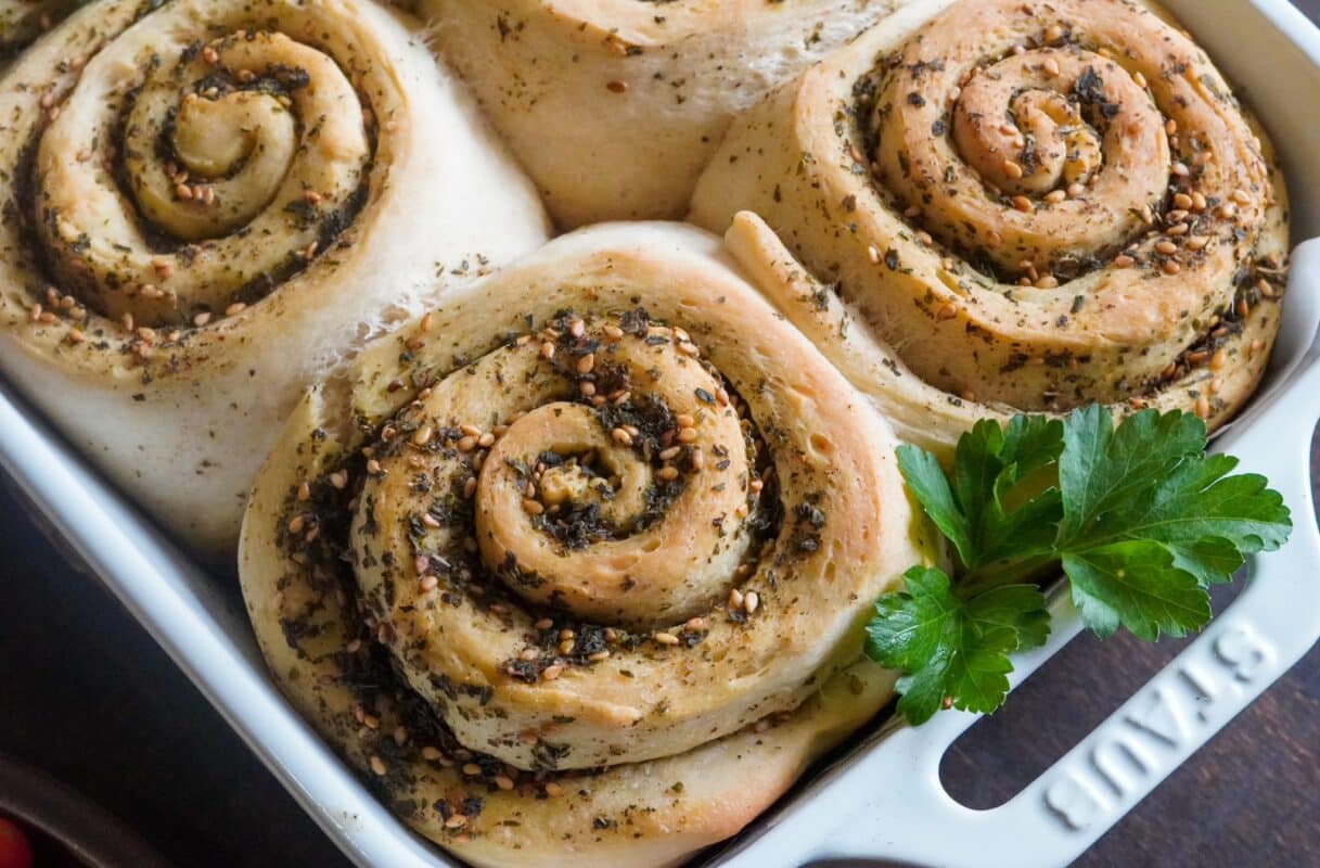 spiral rolls made with the ten minute dough and stuffed with a paste of zaatar and olive oil
