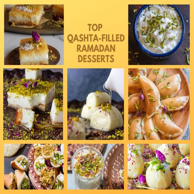 This is a collage of the best Ramadan desserts that are stuffed with qishta. It includes images of qatayef, halawet el-jibn, basbousa, truffles, and others.