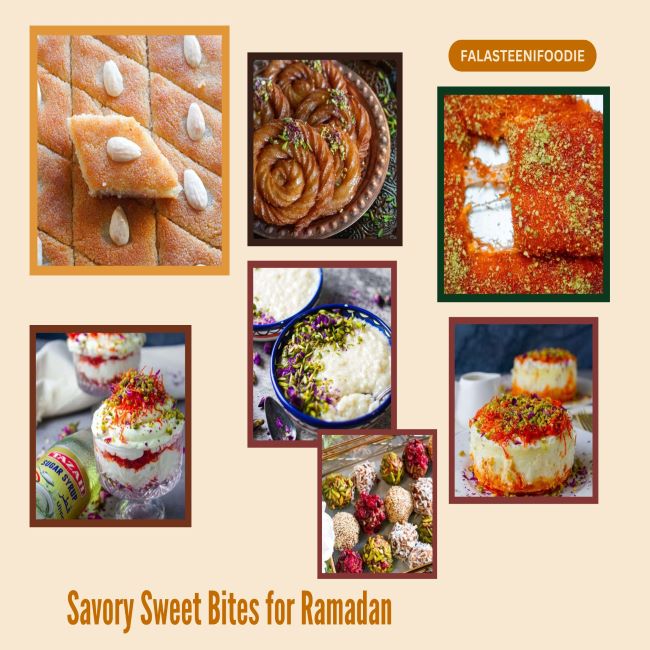 A number of images fill a beige background. The pictures are of sweets as energy balls, rice pudding, kunafa, namoura, and mushabak. 