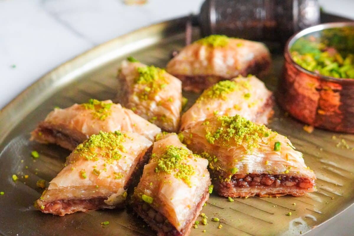 walnut baklawa is made of layers of phyllo pastry and filled with crushed walnuts