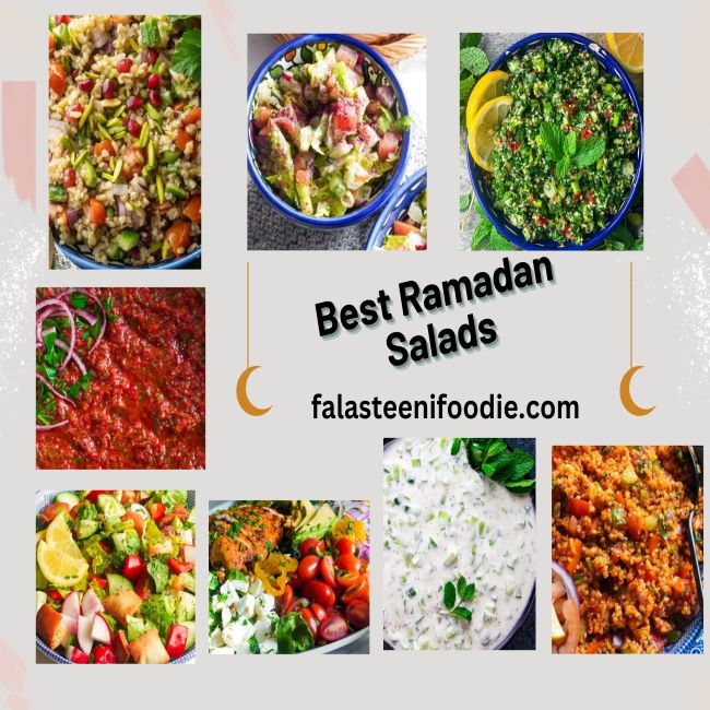 This is a collection of images with the heading Best Ramadan Salads in the middle. The salads are made with fresh veggies, yogurt, and bulgur.