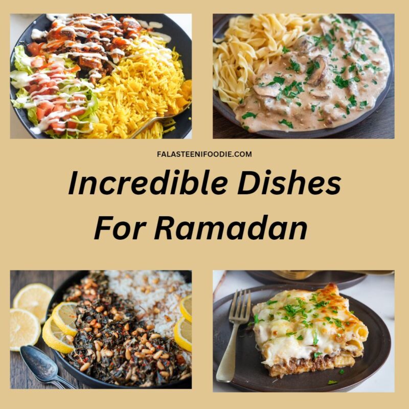 a collage of the delicious recipes for Ramadan like halal cart chicken and rice, beef stroganoff, mulukhiyah stew, and Macarona bil bechamel
