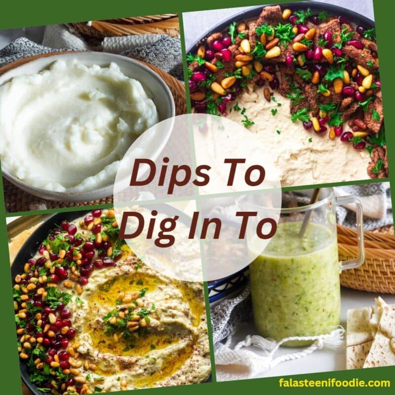 A collection of dips for Ramadan. It includes baba ghanoush, hummus bil lahme, garlic sauce, and Palestinian Tatbeeleh.