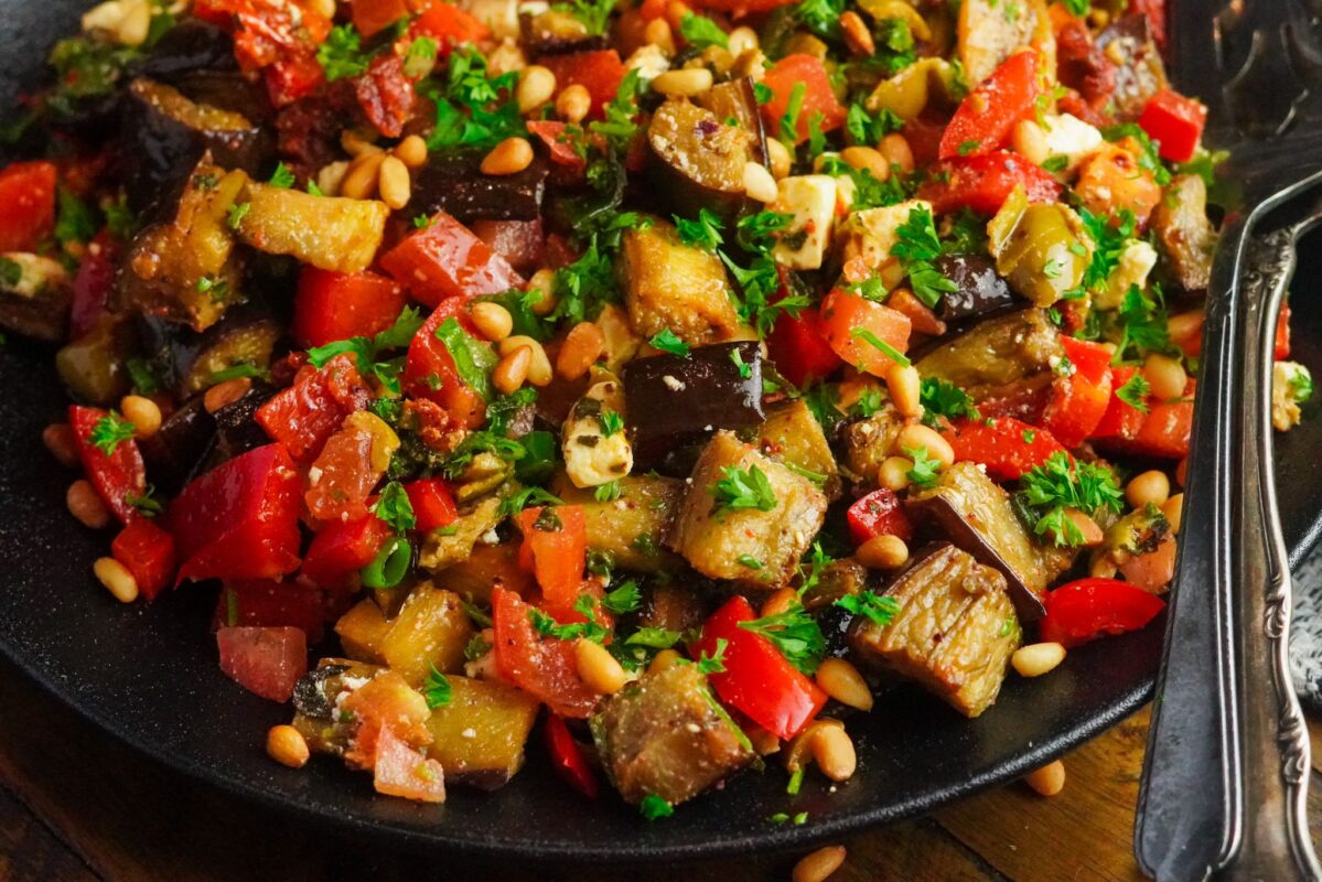A bowl of delicious savory eggplant salad