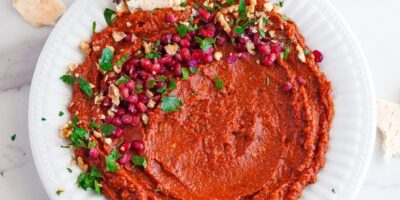 Muhammara dip in a white plate topped with chopped walnuts, pomegranate seeds, and chopped parsley and served with pita bread