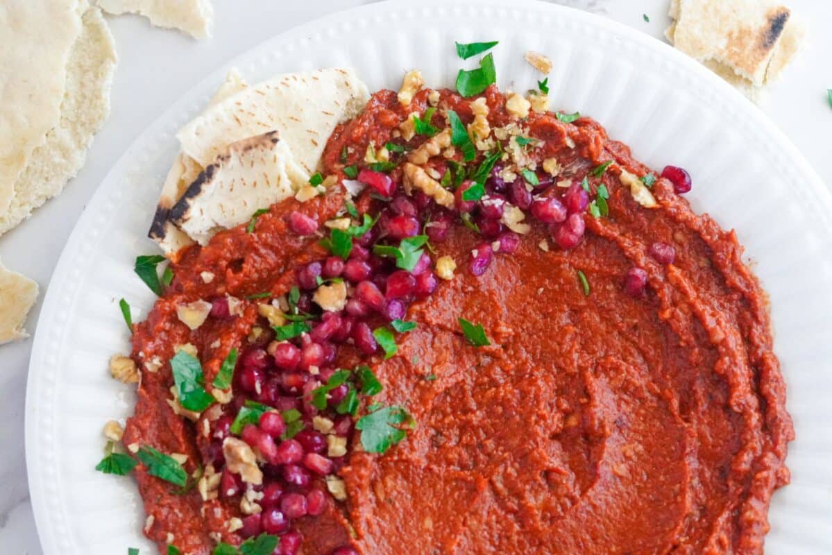 roasted red pepper dip served on a white plate with pita bread, chopped walnuts, pomegranate seeds, and chopped parsley on the top