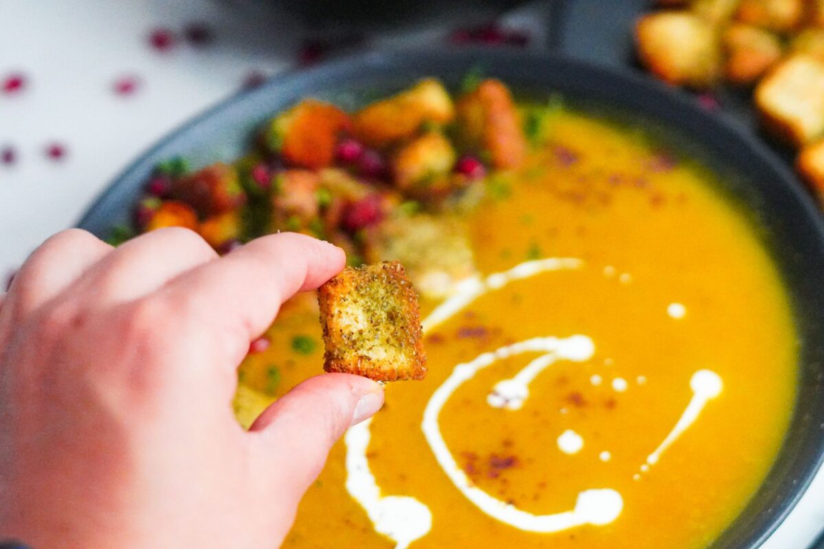 This heartwarming soup combines the velvety, creamy texture of the butternut squash and the crunchiness of the fried zaatar croutons