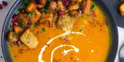 This warming soup combines the velvety texture of the butternut squash soup and the crunchy zaatar croutons