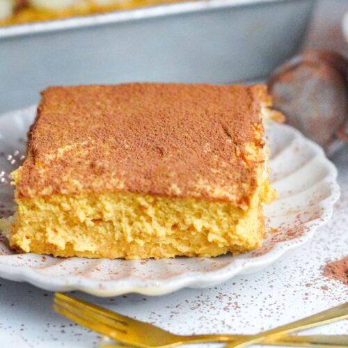 A square piece of pumpkin tiramisu is set on a plate with a sea-shell shape. It is garnished with ground cinnamon and cocoa.