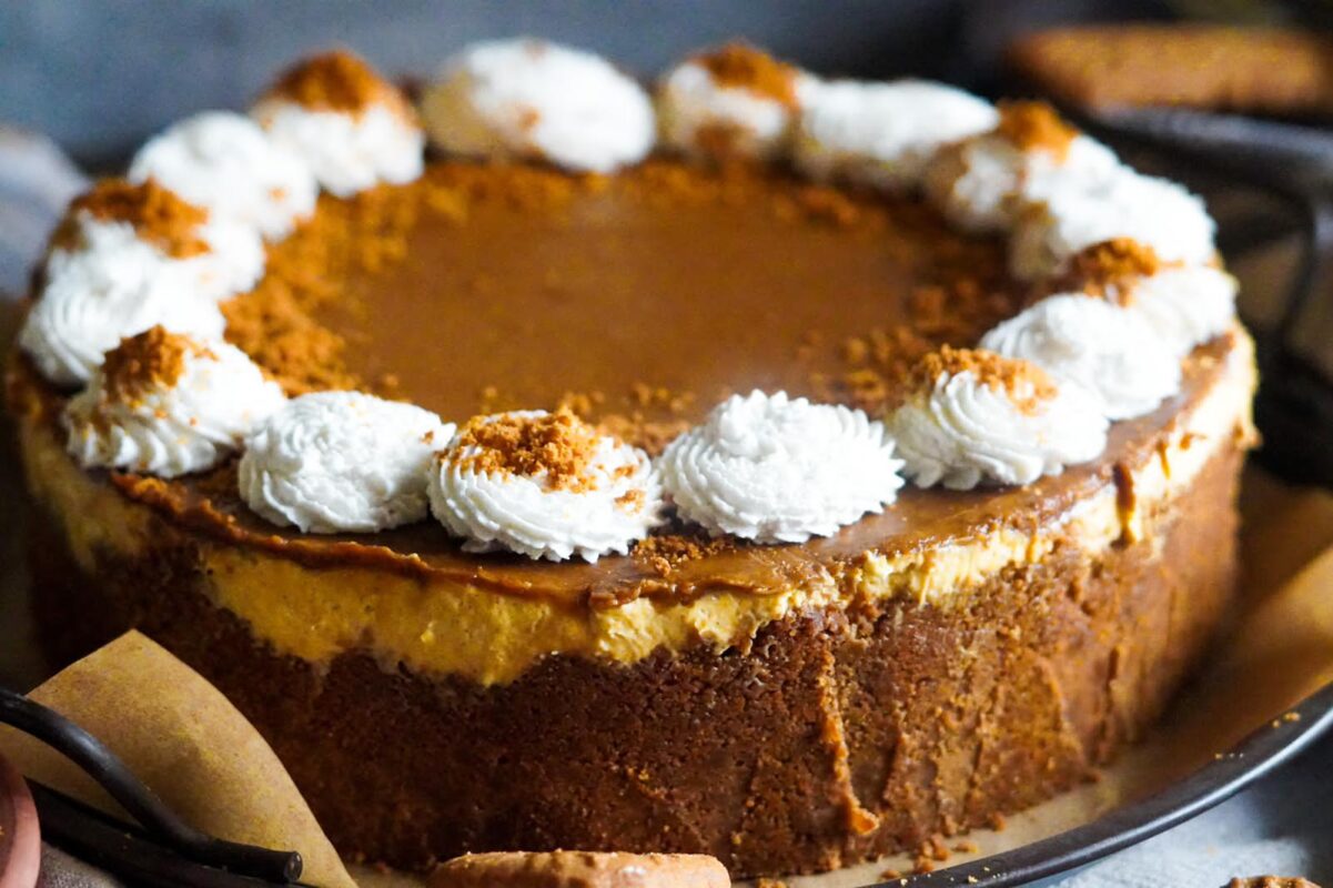 This image shows Biscoff and pumpkin cheesecake, perfectly glazed with Biscoff spread, dusted with biscoff cookie crumbles, and decorated with perfect balls of whipped cream. The image is shown from the side, capturing the perfect crust and filling layer.