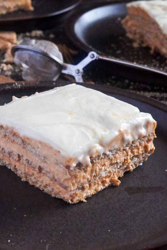 An inviting close-up revealing the enchanting blend of pumpkin spice and creamy goodness in this irresistible no-bake cake dessert.