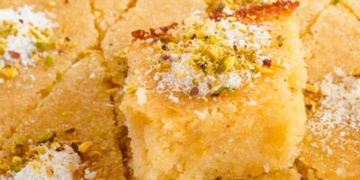 Basbousa is a popular Middle Eastern dessert made from semolina, yogurt, and syrup.