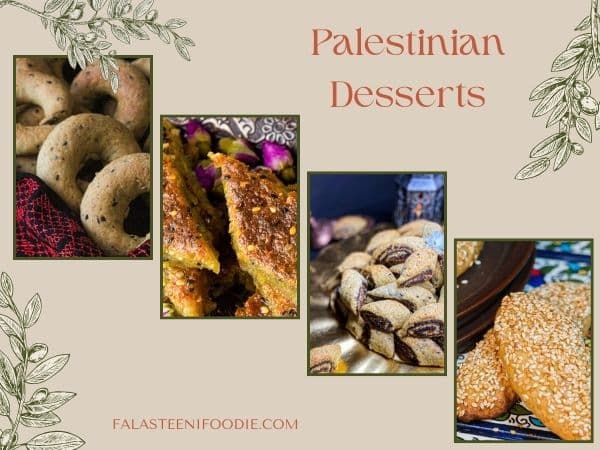 A collection of top Palestinian desserts like ka'ak, makrouta, sesame cookies, and hilbeh cake