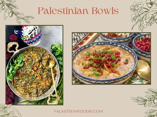 a collage that shows the Palestinian rashta soup and Palestinian purslane stew