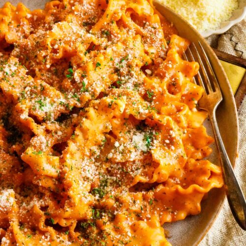 A plate of vodka pasta topped with parmesan cheese and herbs, with a side of parmesan cheese.