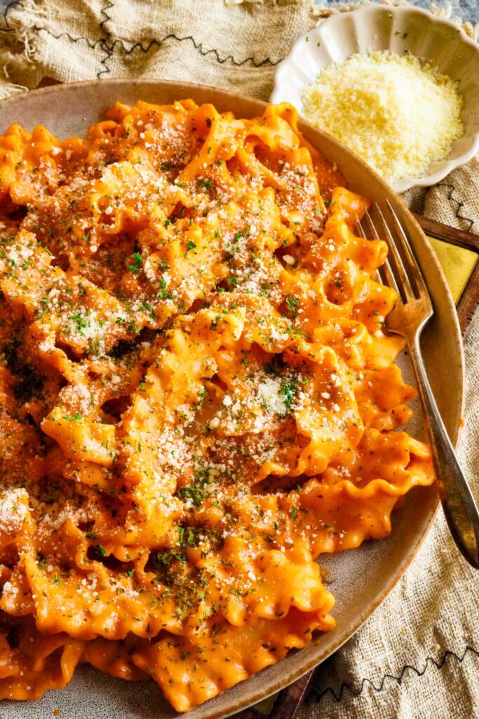 A plate of vodka pasta topped with parmesan cheese and herbs, with a side of parmesan cheese.