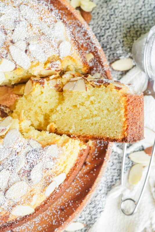 A slice of fluffy and moist almond cake