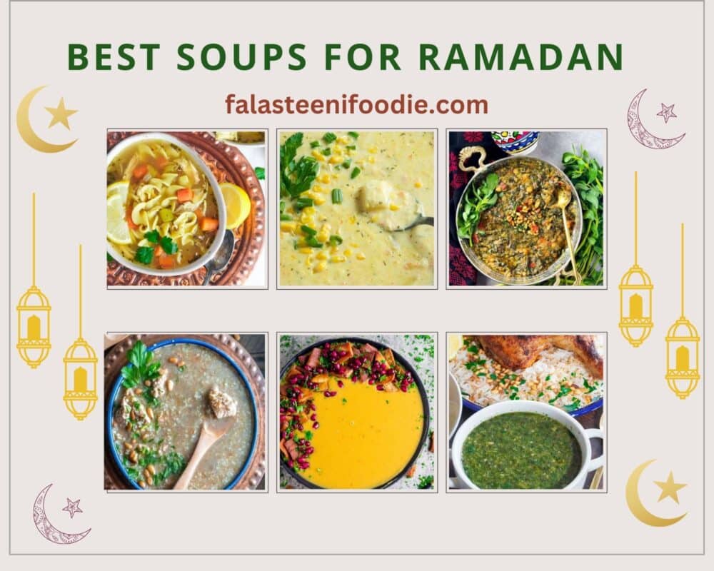 This photo collage has six pictures of soups. They are lentil, juts mallow, freekeh, noodles, corn potato, and purslane soups.