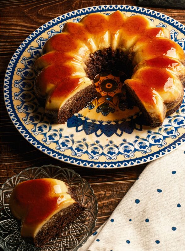 Chocolate cake topped with a flan layer and caramelized sugar