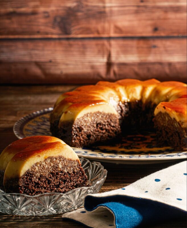 decadent chocolate cake topped with flan and a smooth caramel glaze