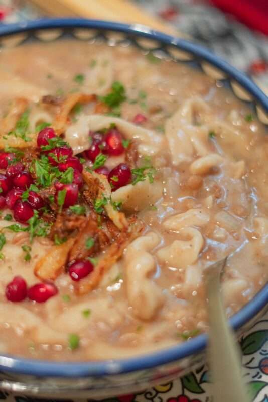 Winter warmer Irkak O Adas soup containing lentils and homemade noodles