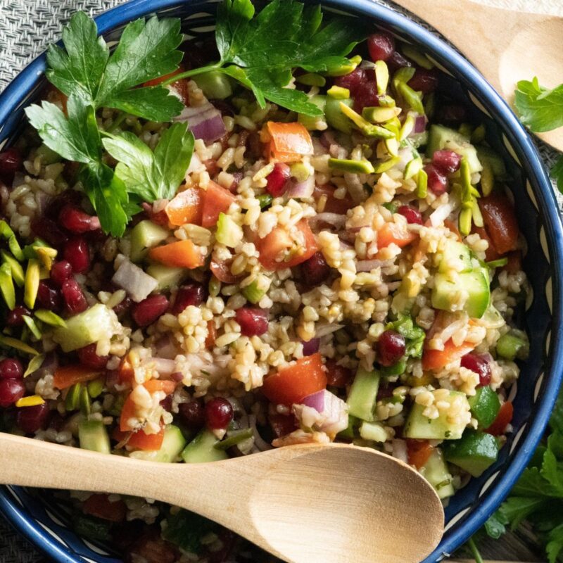 A healthy side dish with a wide variety of veggies and grains 