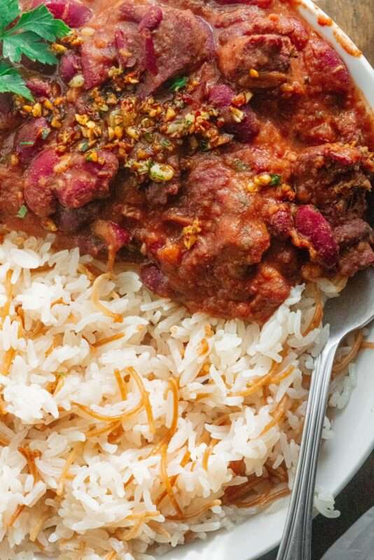 The mouthwatering Middle Eastern Kidney Bean Beef Stew plate full of healthy ingredients.