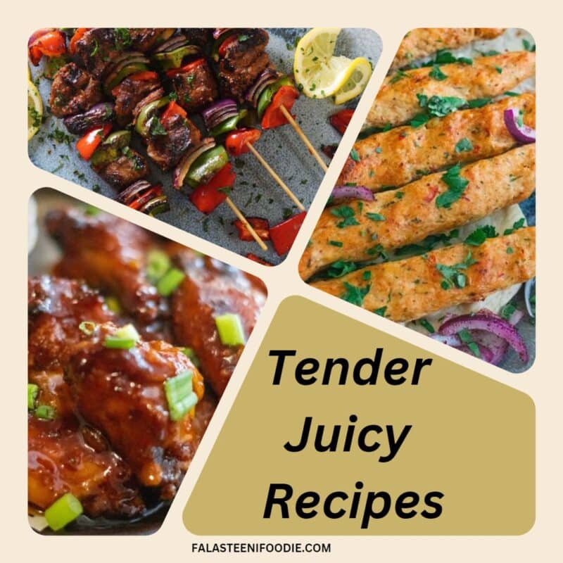 a collage of tender juicy recipes for Ramadan like steak kebab chunks, chicken kofta kebabs, and honey garlic sriracha wings