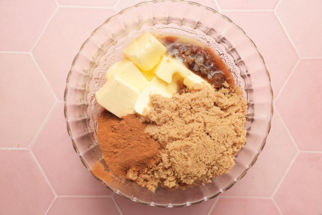 a shot of a bowl with cinnamon sugar filling: softened butter, brown sugar, vanilla, and ground cinnamon