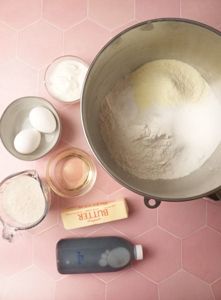 cinnamon rolls dough ingredients: flour, butter, egg, yogurt, neutral oil, etc.